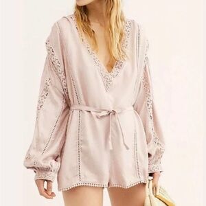 Free people floral pink romper embroidery tie NWT medium